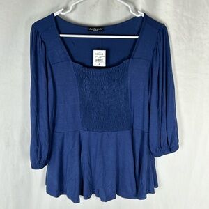 NWT Navy Blue Puff Sleeve Smocked Blouse -Size Medium